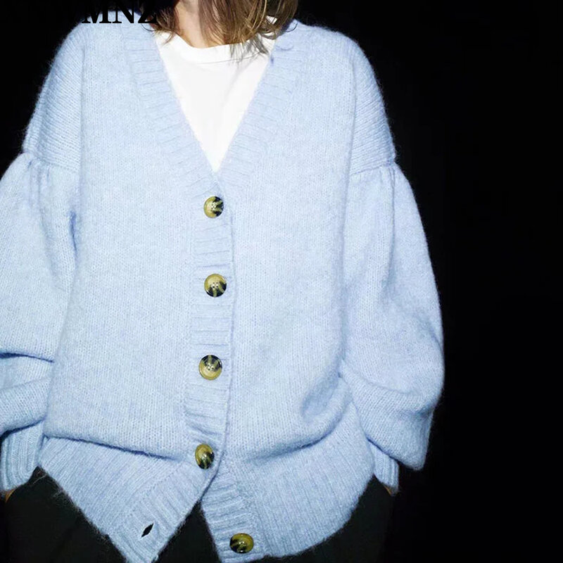 XNWMNZ Za moda damska ponadgabarytowy sweter z dzianiny w stylu Vintage długi bufiasty rękaw prążkowany wykończenia sweter z dekoltem w serek sweter żeński