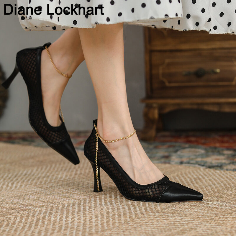 Zapatos de tacón alto con cadena para mujer, sandalias sexys de malla con punta puntiaguda, de 8CM stilettos, calzado de fiesta