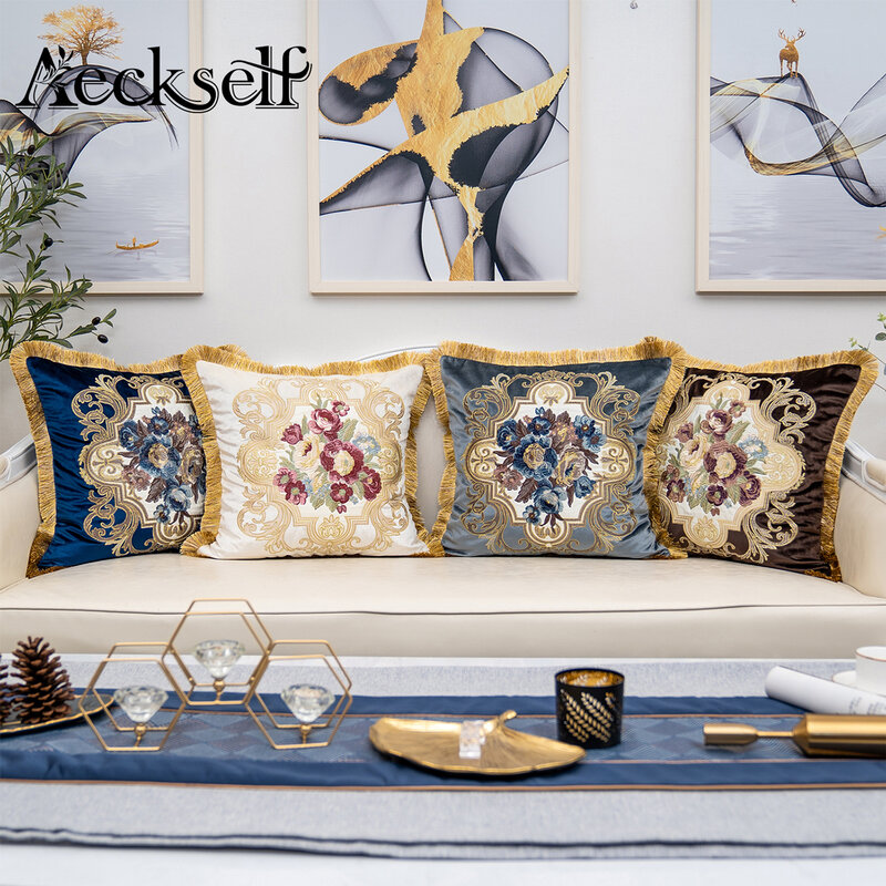 Aeckauto-Funda de cojín de terciopelo para decoración del hogar, funda de almohada de lujo con bordado de rosas y flores, azul marino, azul, dorado, gris, marrón y blanco