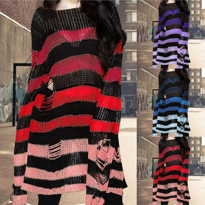 Женский свитер с вырезами, вязаный джемпер в стиле панк и готика, зимний теплый свитер для улицы