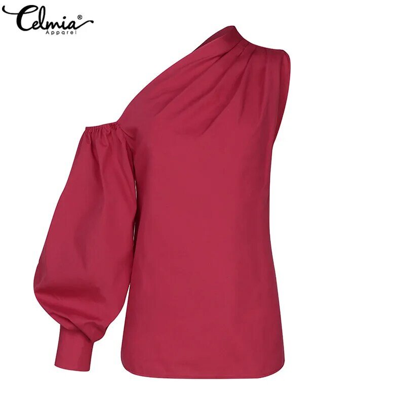 Celmia-우아한 여성 패션 긴 소매 셔츠, 솔리드 콜드 숄더 블라우스, 루즈 탑, 숙녀 작업 블라우스