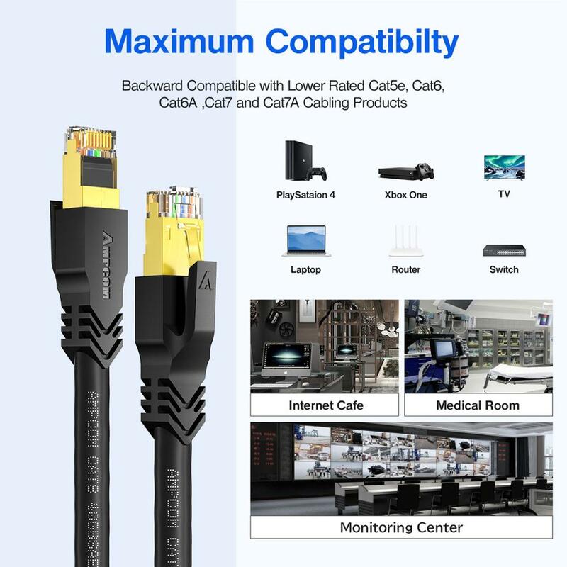 AMPCOM S/FTP CAT8 Ethernet Cable (24AWG, 8.0mm),  High Speed ​​Patch Cable CAT 8 Lan Cable 10Gbps, 25Gbps, 40Gbps