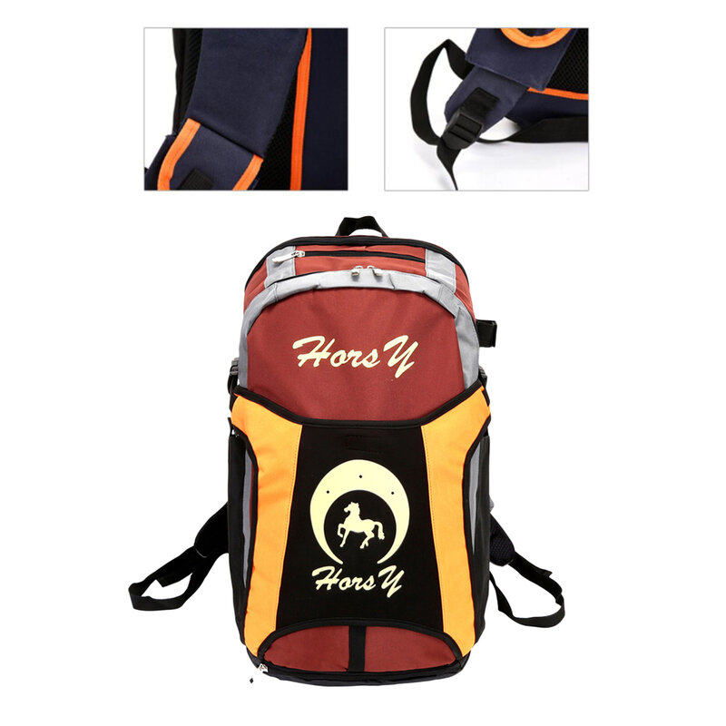 Mochila equestre, equipamento durável, suporte de botas, mochila com compartimento interno, bolsos de malha laterais