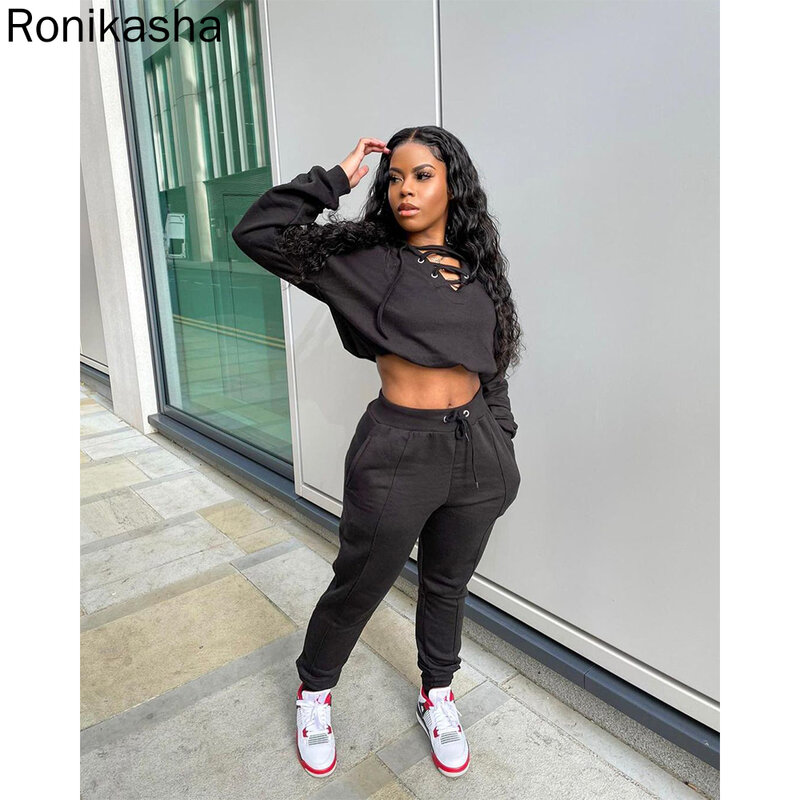 Ronikasha New Women Fall Two Piece Set Solid Color Bandage Design Tops+Jogger Sport Pants Sweatpants Cusual Tracksuits Outfits