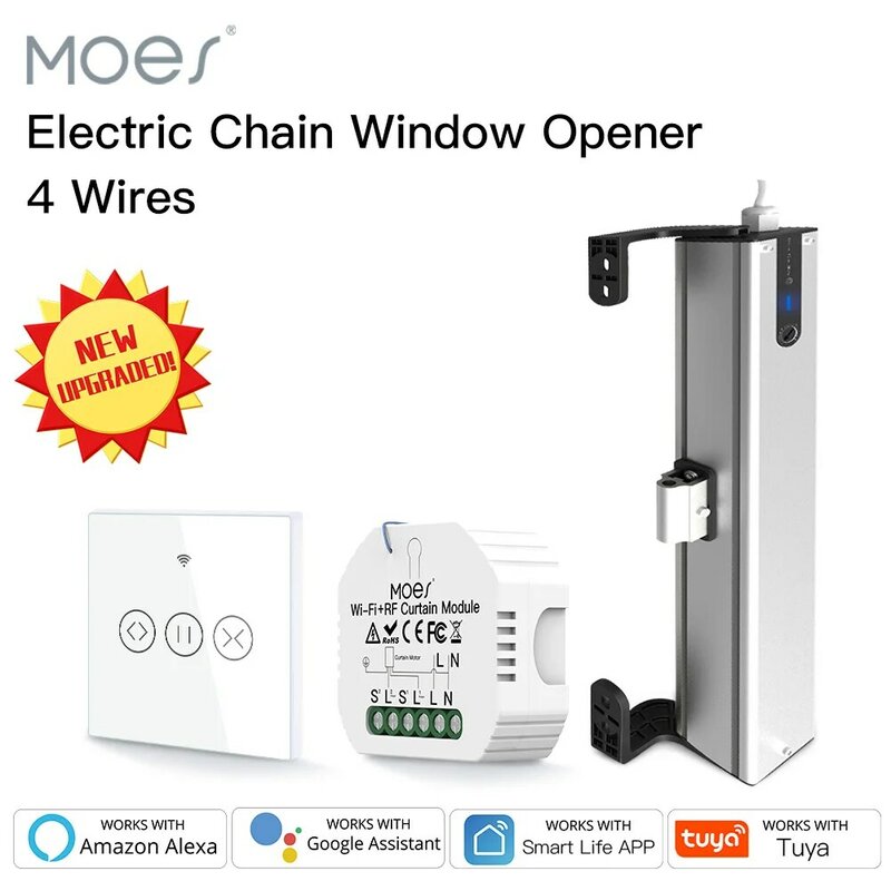 MOES New Electric Chain Window Opener 4 Wires Motor Stainless Steel Chain Type with Tuya WiFi Curtain Blinds Switch wall-mounted