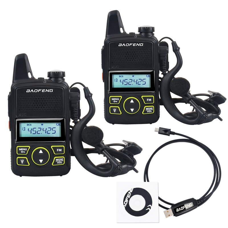 2pcs baofeng mini walkie talkie BF-T1 uhf 400-470mhz 1w 20ch presunto fm rádio bidirecional com fone de ouvido & cabo de programação