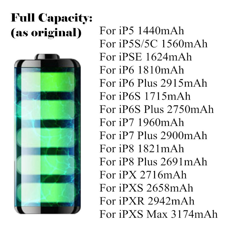 AYJ Marke Neue AAAAA Qualität Batterie Für iPhone 6S 6 5 5S X SE 7 8 Plus XR xs Max Hohe Reale Kapazität Null Zyklus Werkzeug Aufkleber
