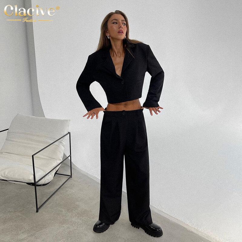 Clacive-Conjunto de pantalones de cintura alta para mujer, traje de pantalón ancho negro, informal, elegante, moda femenina