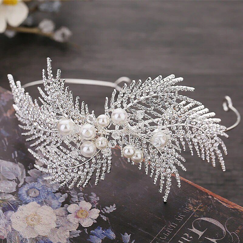 Silber Farbe Metall Blatt Stirnbänder für Frauen Perlen Strass Diademe und Kronen Königliche Prinzessin diadema Pageant Party Haarbänder