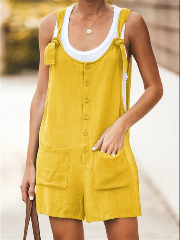 Cotton Linen Women Rompers Button Pocket Ladies Playsuits Sexy Backless Straps Tank Short Jumpsuits Summer Casual Loose Jumpsuit
