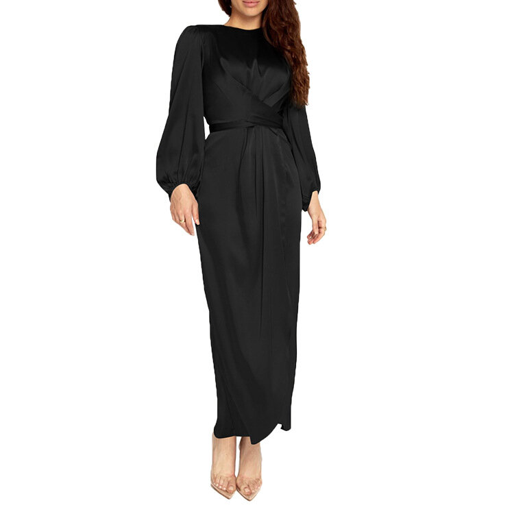 Nova moda, vestido longo muçulmano de cetim simples e elegante, robe feminino do oriente médio, cintura macia, vestuário islâmico de dubai