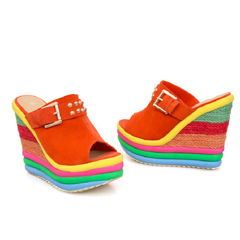 Sandálias plataforma tipo arco-íris para mulheres, novo, sexy, casual, estilo boêmio, plataforma, salto alto y5263, verão, 2020
