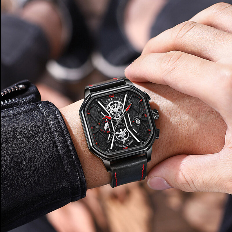 LEONIDAS-Reloj de pulsera de cuarzo para hombre, accesorio de pulsera resistente al agua con espejo Hardlex, Individual, luminoso, a la moda