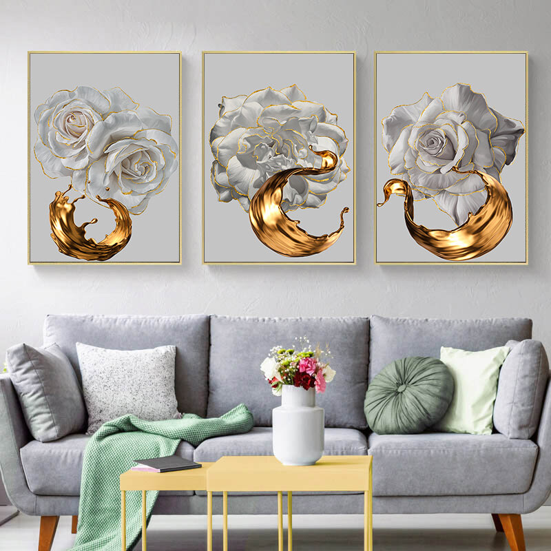 White Rose Flower Golden Ink Splash Abstract Painting Canvas Poster Nordic Plant Wall Art Picture Modern Living Room Home Decor
