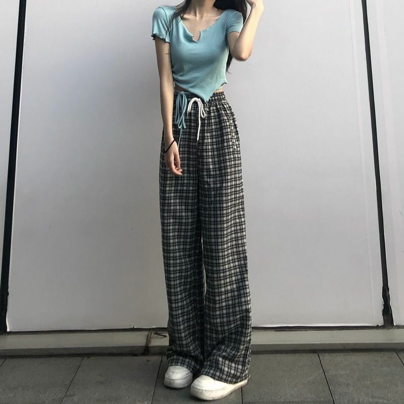 Женские клетчатые штаны в стиле Харадзюку, пижама большого размера с широкими штанинами, с высокой талией, в Корейском стиле, клетчатые, с ши...