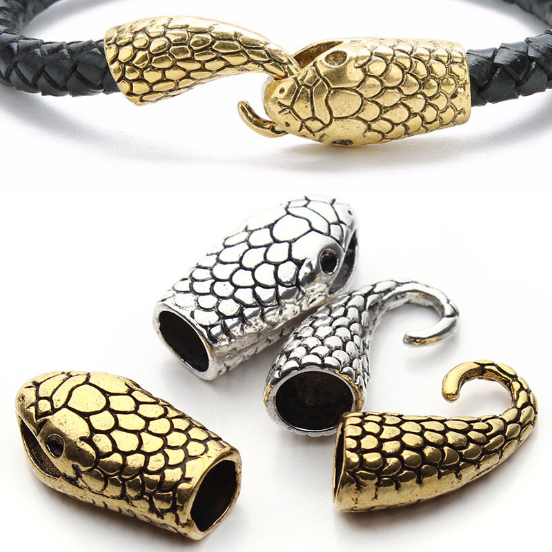 Prendedores de joias com fechos em formato de cobra, capa de extremidade com fechos de couro e cabo para pulseira f1067, cores antigas e dourada e prateada