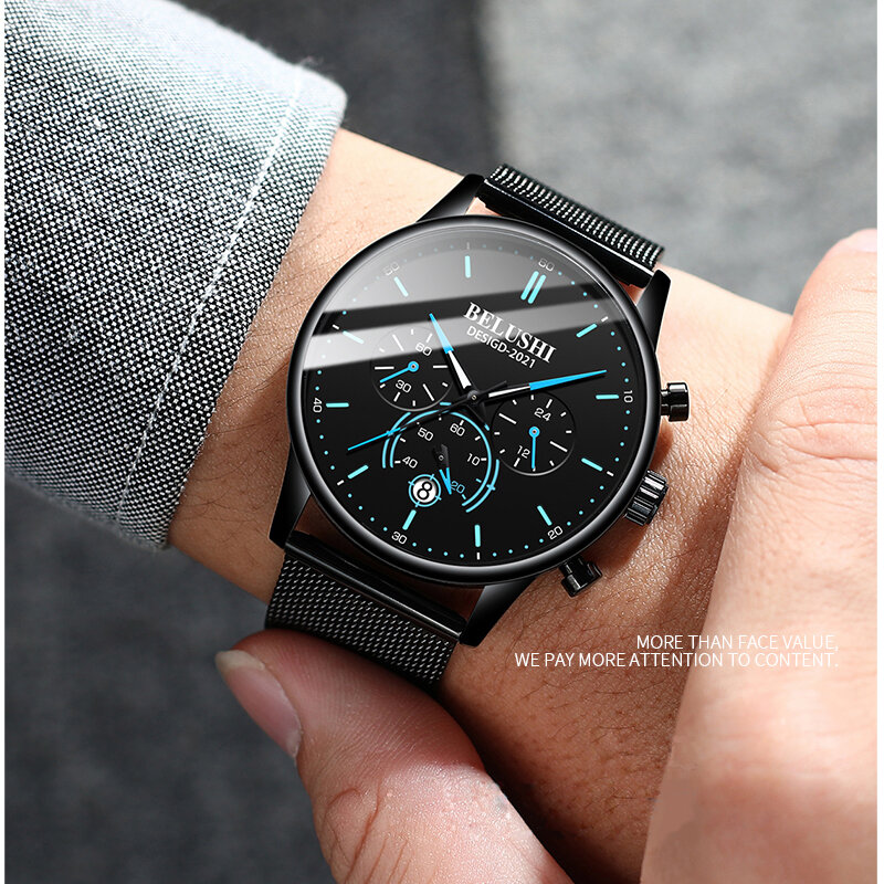 BELUSHI 시계 남자 럭셔리 브랜드 유명한 남성 시계 블랙 시계 울트라 얇은 밀라노 벨트 스테인레스 스틸 쿼츠 남자 손목 시계 2020