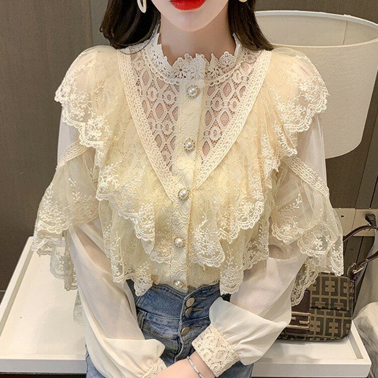 Herfst Koreaanse Zoete Losse Kleding Lace Up Verstoorde Vrouwen Blouses Mode Stand Collat Dames Tops Vintage Kant Shirts Vrouwen