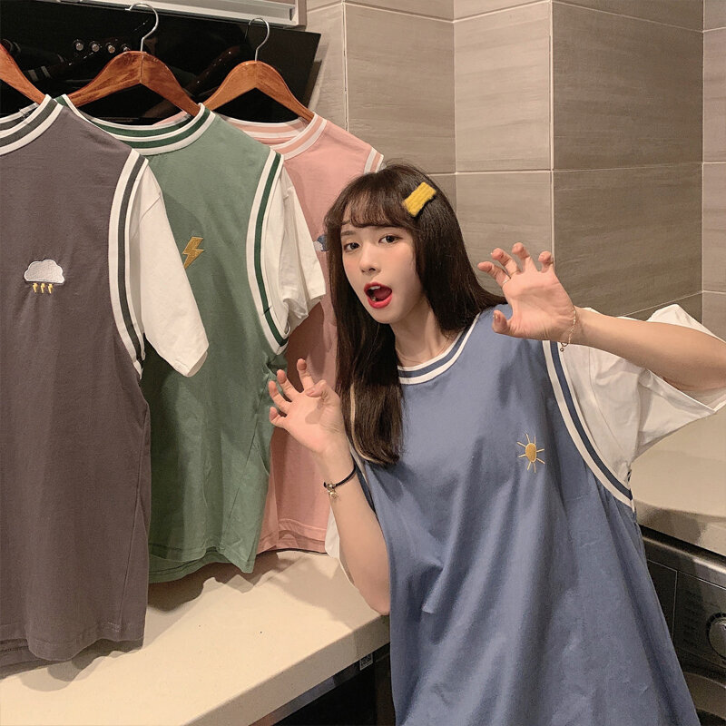 T-shirt manches courtes femme, ample, deux pièces, style coréen Ins-Music of the Tide, Harajuku