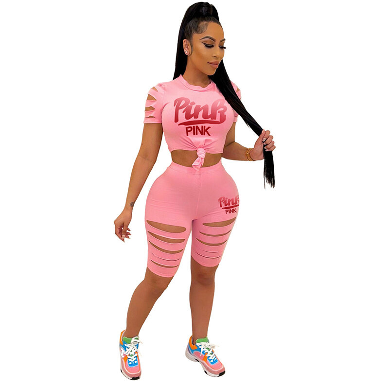 2021 New Pink Letter Print 2 Piece Set Women Tracksuits Hole Sexy Outfits Hollow Out Crop Top+Shorts Suits Fashion Matching Set