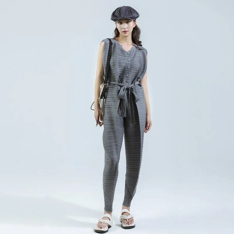 2021 fall women's V-neck tie jumpsuit Miyak fold Fashionable plus size slimming waist sleeveless casual pants