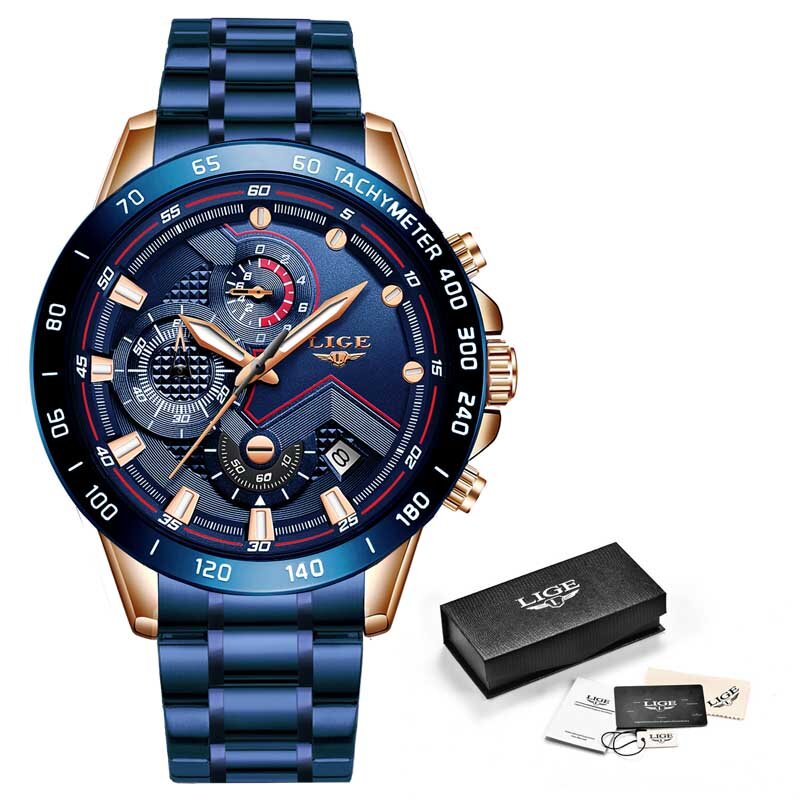 LIGE ビジネス男性腕時計トップの高級ブランドステンレス鋼腕時計クロノグラフ軍軍事クォーツ時計レロジオ Masculino
