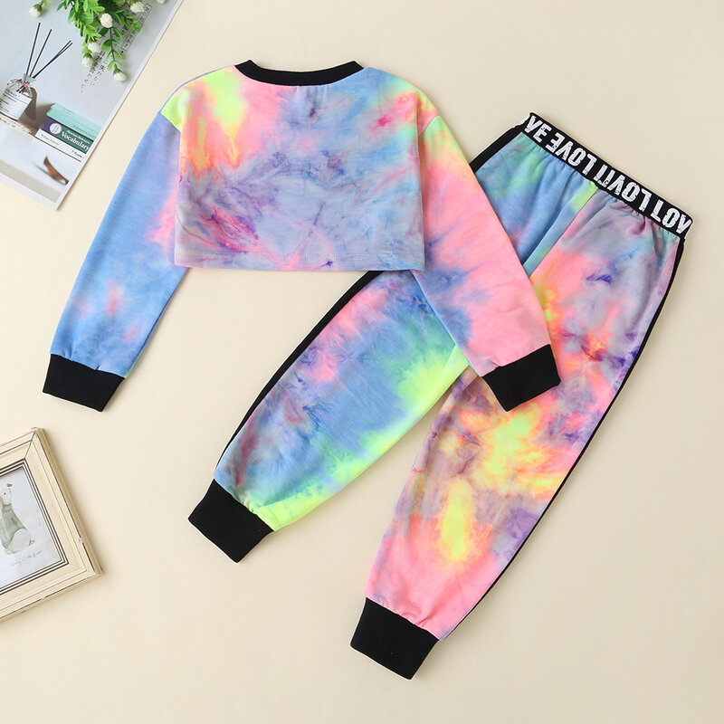 Long Sleeve Suit for Children Girls Autumn Casual Sportswear Clothes Girls Gradient Color Patchwork Crop Top Boutique Outfits