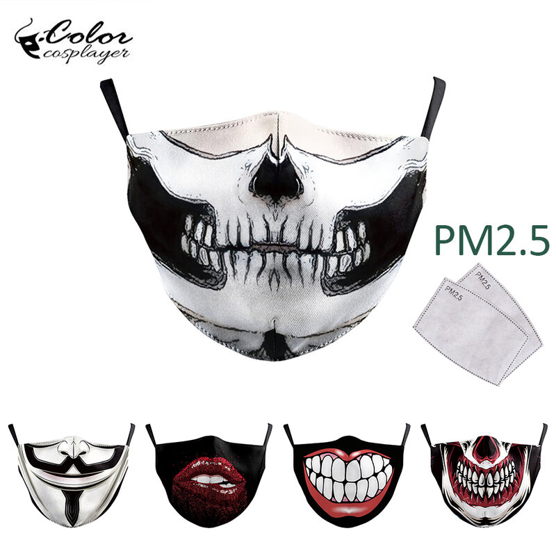 Cor cosplayer boca grande série crânio rosto máscara de tecido de impressão máscara de tecido boca-muffle lavável máscara reutilizável