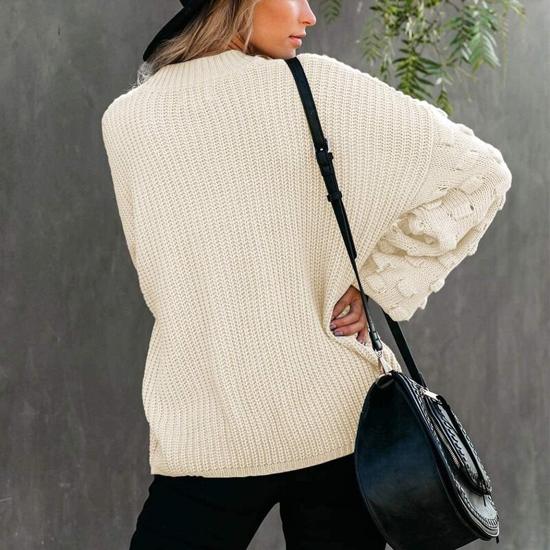 Женский вязаный пуловер с рукавами-фонариками и круглым вырезом