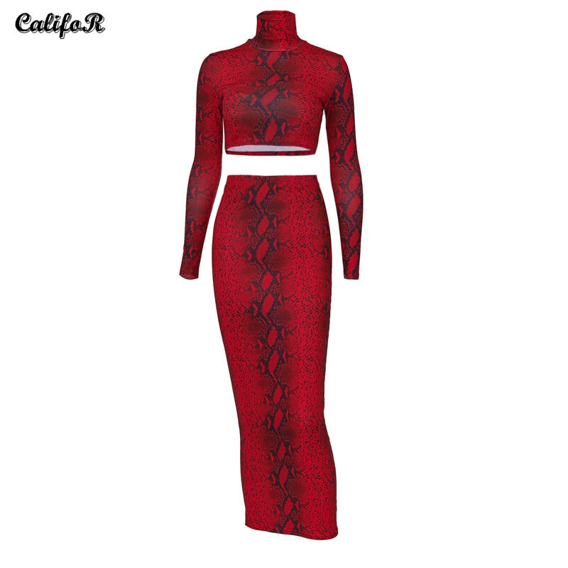 Sexy smukłe nadruk serpentynowe zestawy sukienek golf z długim rękawem topy + długa spódnica 2021 jesień koreański moda krótki Top spódnica trzy czwarte zestaw