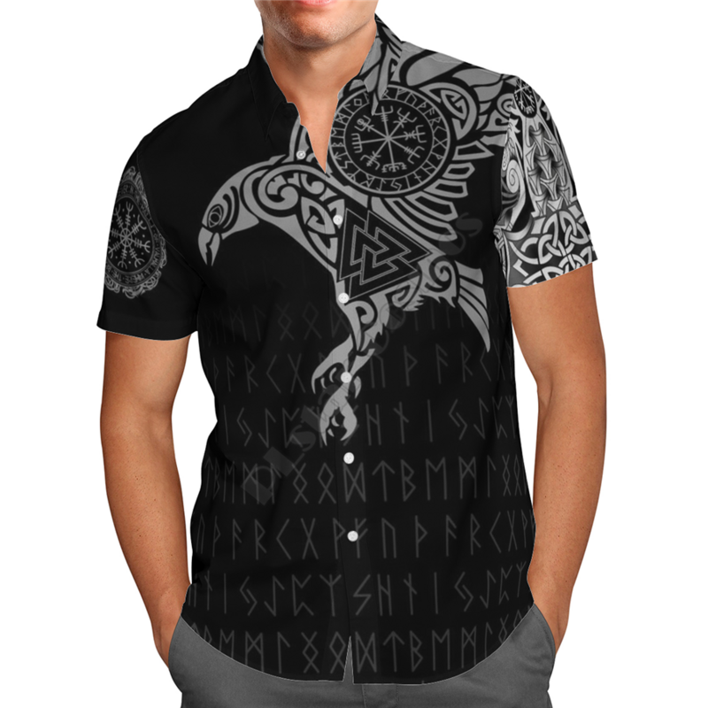 Мужская пляжная рубашка с коротким рукавом, 3D-принтом и татуировкой в стиле викингов, летняя футболка в стиле Харадзюку, хип-хоп, Прямая пост...