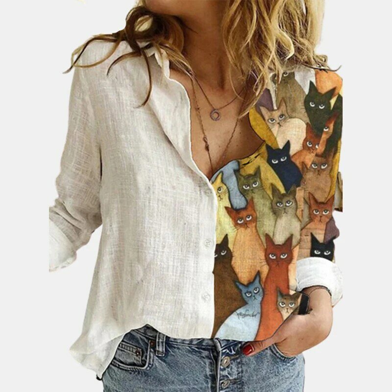여성 셔츠 블라우스 긴 소매 캐주얼 셔츠 할로윈 만화 인쇄 봄 가을 블라우스 느슨한 버튼 플러스 사이즈 셔츠 탑