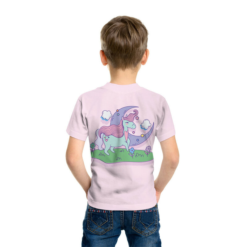 Kaus Lucu Leher-o Lengan Pendek Cetak Unicorn 3d Musim Panas 2021 Atasan Nyaman Longgar Pakaian Anak-anak Pria dan Wanita