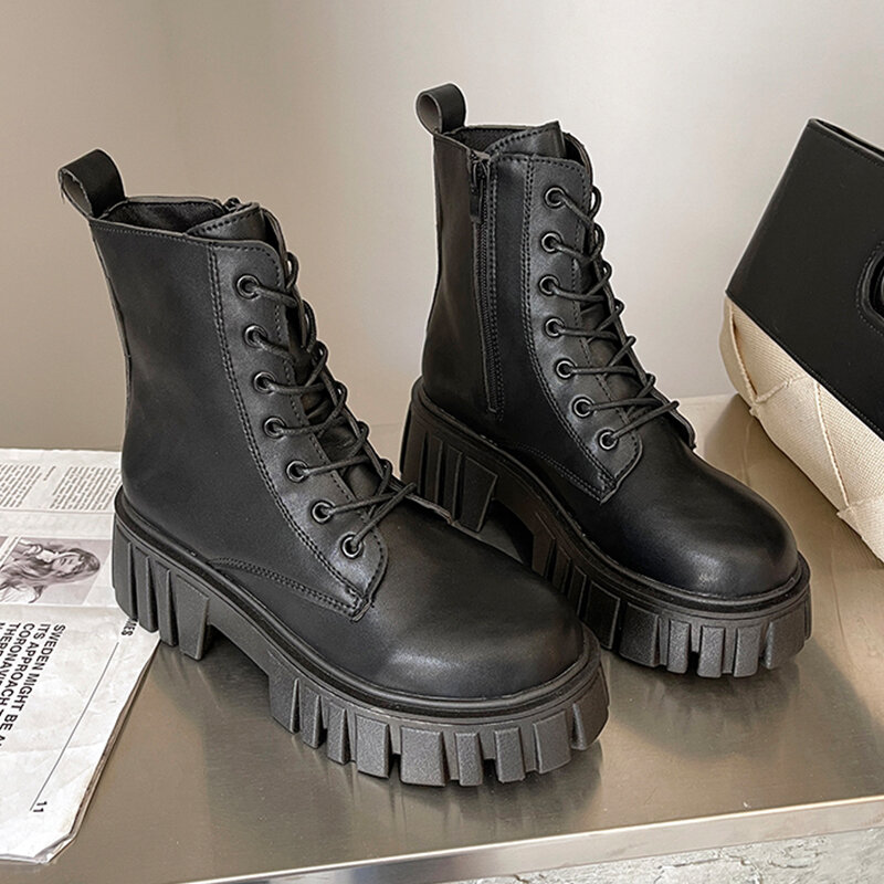 Botines de cuero negro y Beige para mujer, botas de combate con plataforma alta, estilo gótico Punk, invierno, 2021