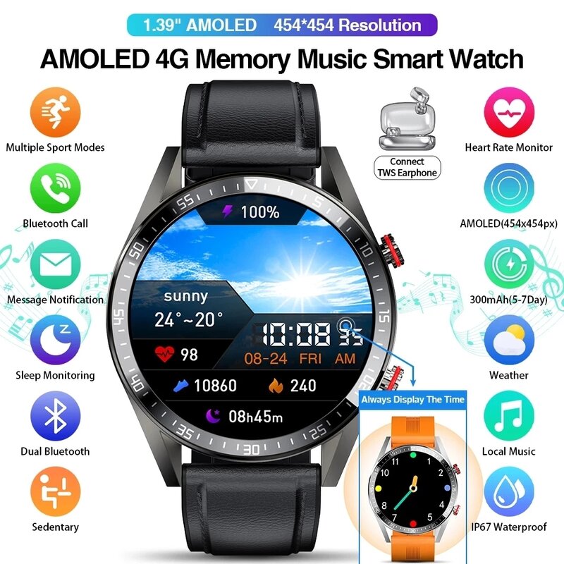 LIGE 2022 새로운 454*454 화면 스마트 워치 항상 디스플레이 시간 블루투스 통화 TWS 이어폰 로컬 음악 Smartwatch