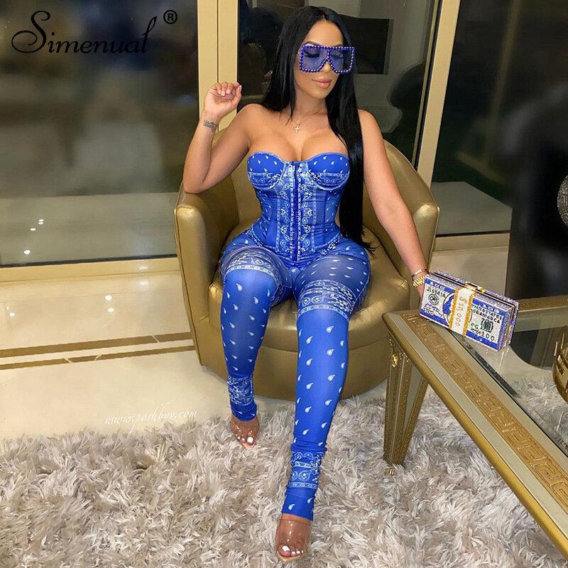 Simenual Wrap Chest Corset Rompers Womens Jumpsuit Print Skinny Fashion Sexy Bodycon Overalls Clubwear Sexy Strapless Clothing