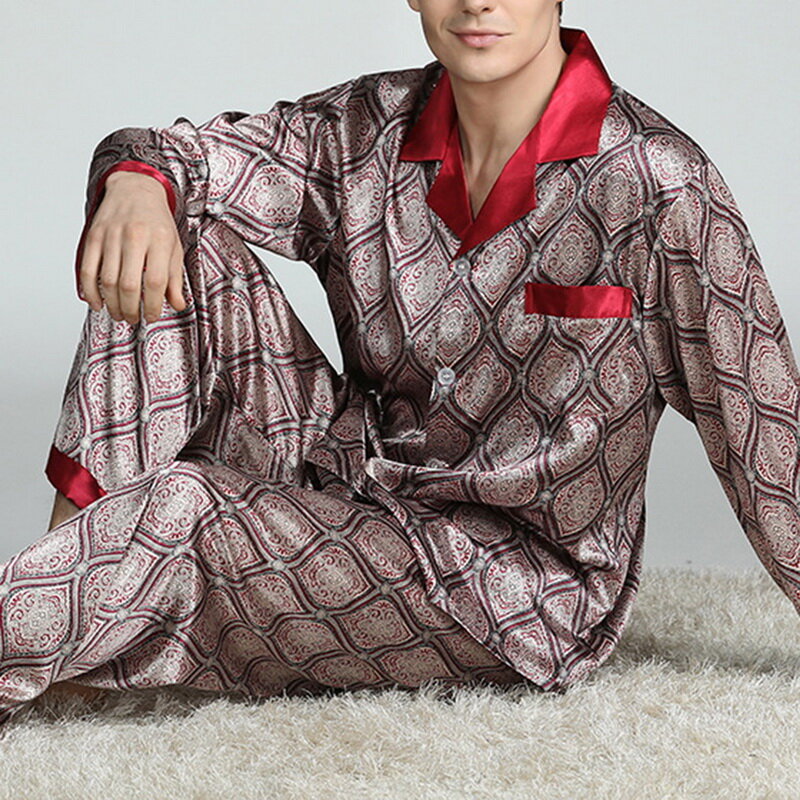 MJARTORIA Frühling Mens Fleck Seide Pyjama Set Schlafanzug Männer Nachtwäsche Moderne Stil Seide Nachthemd Hause Männlichen Satin Weiche Gemütliche