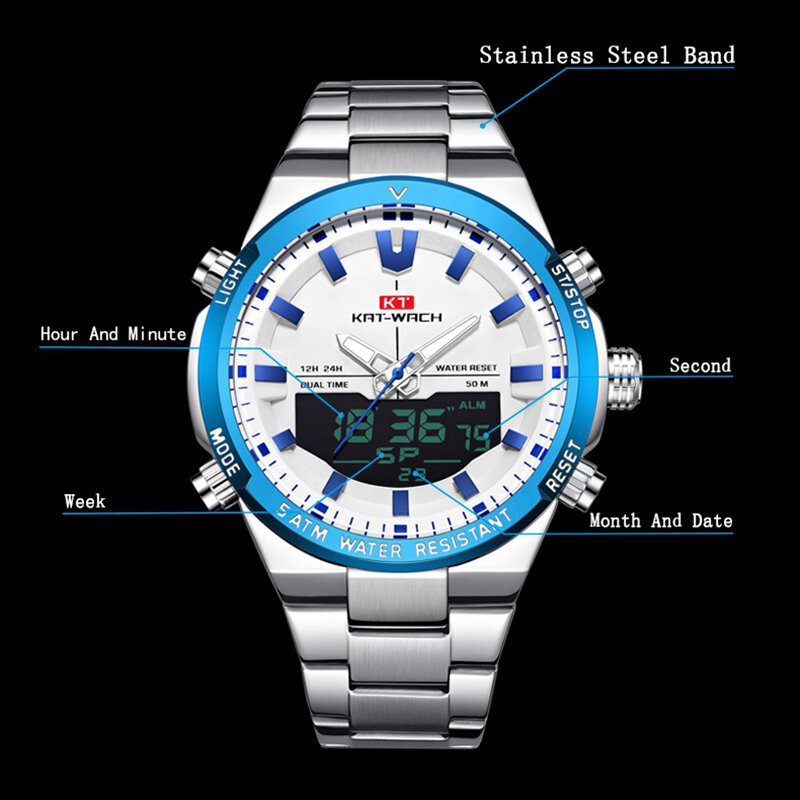 Relógio de pulso masculino com mostrador duplo, relógio analógico digital esportivo de aço inoxidável com cronógrafo e display duplo, novo, 2020