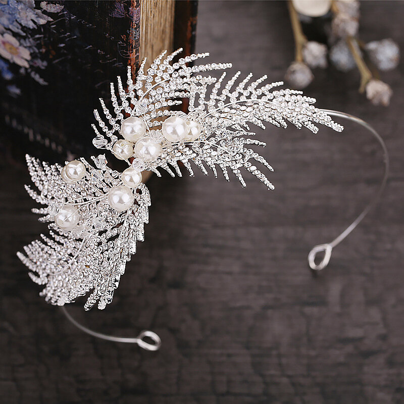 Silber Farbe Metall Blatt Stirnbänder für Frauen Perlen Strass Diademe und Kronen Königliche Prinzessin diadema Pageant Party Haarbänder