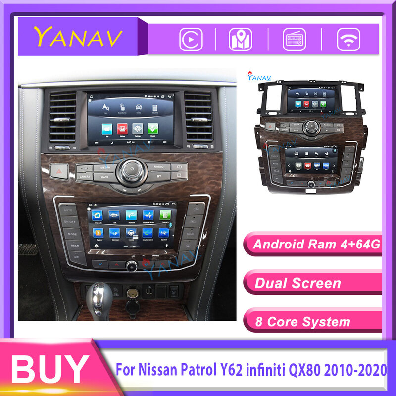 Neueste Dual screen Android auto radio empfänger für Nissan patrol Y62 für infini qx80 2010-2020 auto GPS navi multimedia DVD player