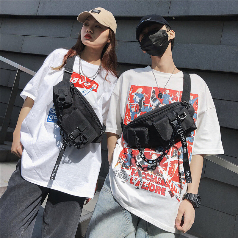 Waist Bag Men And Women Black Sports Cool Fanny Packs Couples Chest Packs Shoulder Crossbody Street Harajuku Canvas Shoulder Bag