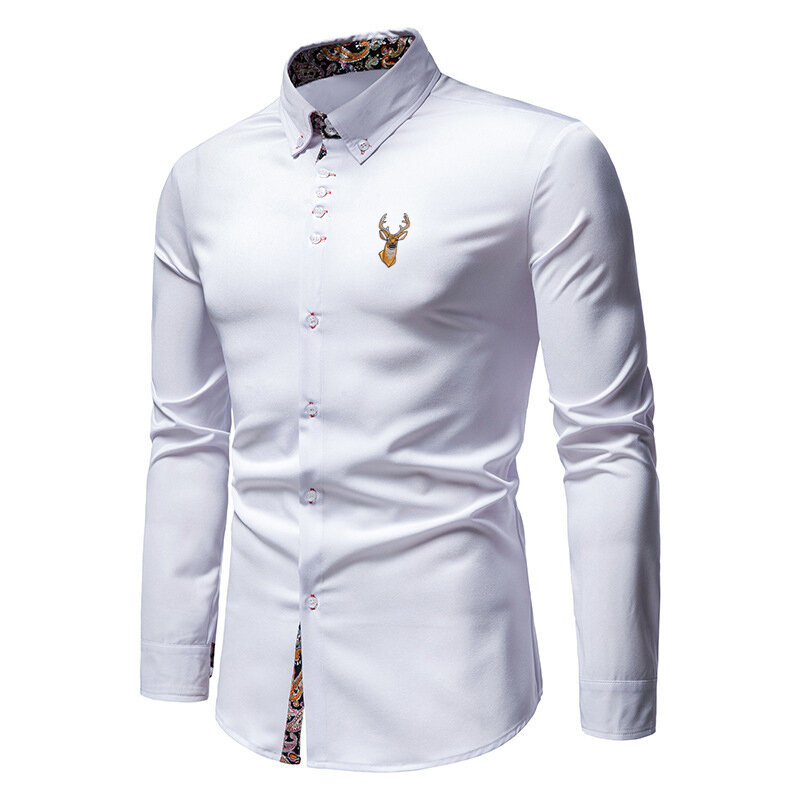 Camisas clássicas do bordado dos cervos do luxo dos homens botão acima blusa ocasional topos cobertos padrão do negócio-camisas longas do ajuste