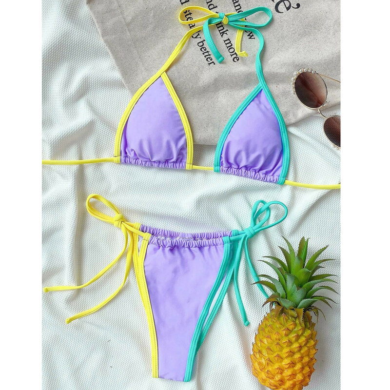 Maillot de bain Sexy pour femmes, culotte tanga, Micro, couleur, bordure, Push-up, Bikini, ensemble deux pièces, style brésilien, 2021