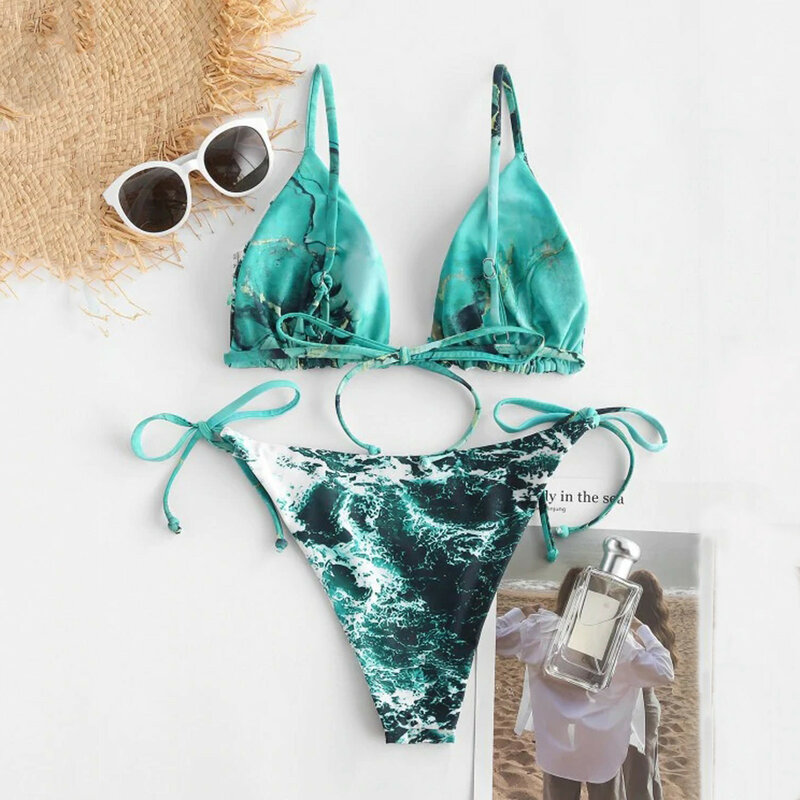 Bikini brasileño marmoleado para mujer, traje de baño de dos piezas con cordones, Microbikini, ropa de playa
