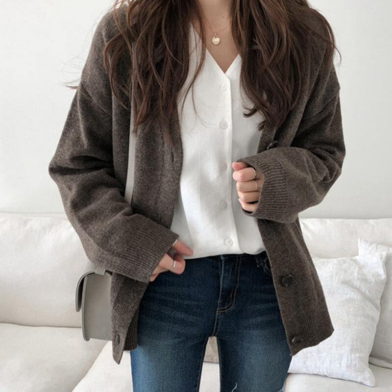 Cárdigan Vintage para mujer, suéter de suave punto de algodón con cuello en V, chaqueta de moda de color sólido Simple informal coreana, Otoño, 2020