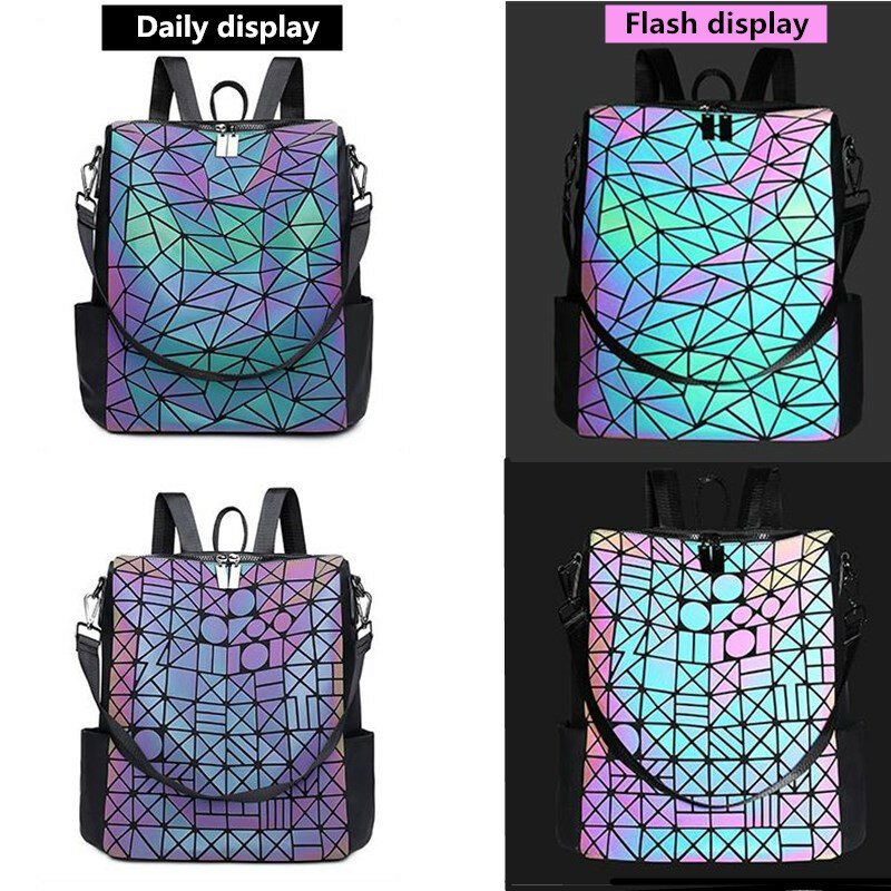 Women Backpack Luminous Geometric Plaid Sequin Female Backpacks For Teenage Girls Bagpack large Schoolbag Holographic Mochilas