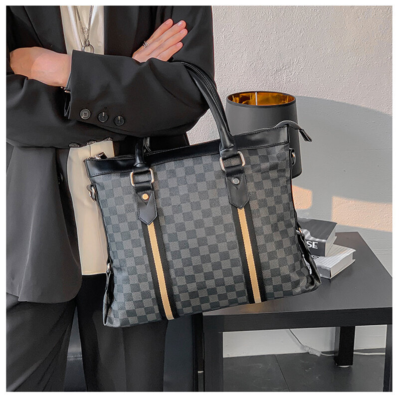 Bolsa de ombro portátil masculina, bolsa de couro xadrez casual para negócios