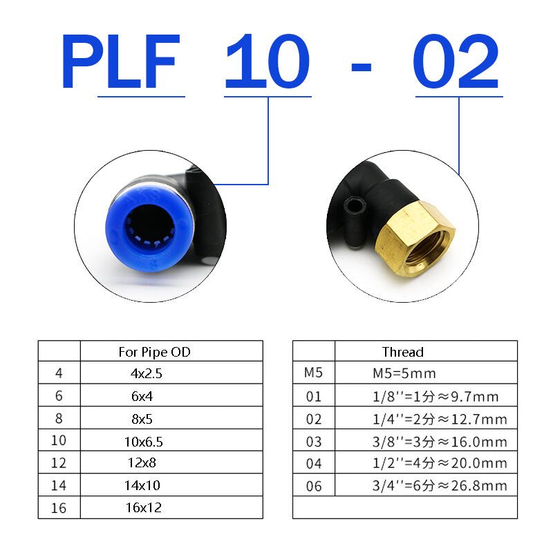 Manguera PLF OD 4, 6, 8, 10, 12mm, hilo femenino, M5, 1/8, 1/4, 3/8 y 1/2 pulgadas, conector acodado neumático, accesorios de empuje de aire