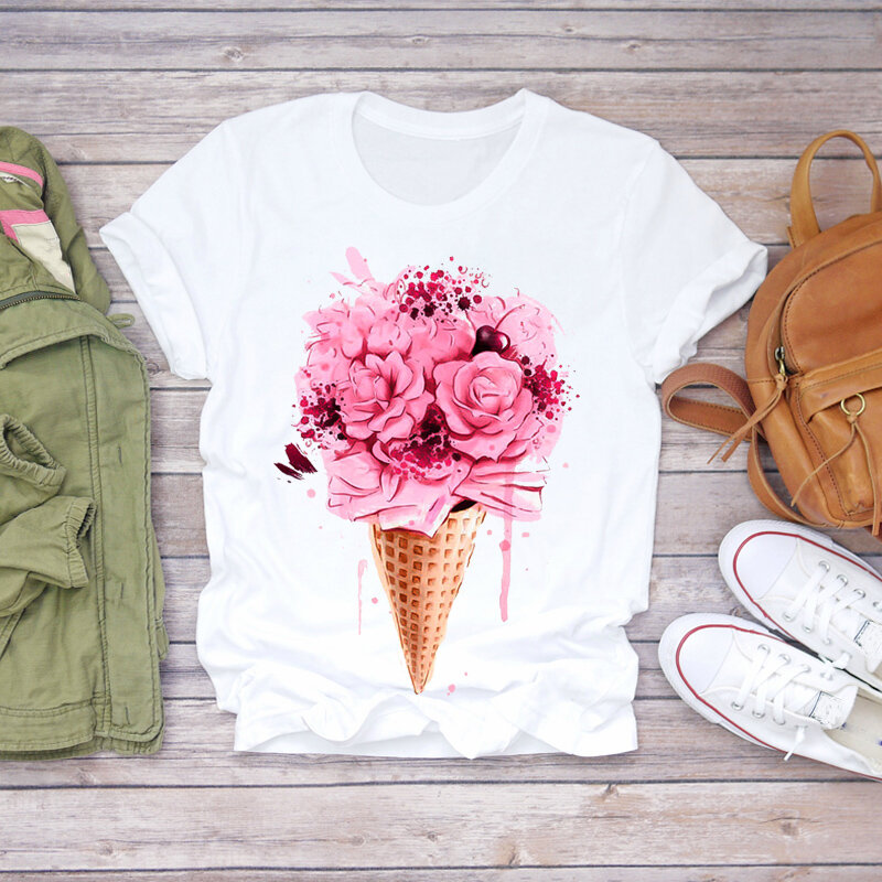Camiseta feminina estampa floral, manga curta verão 2021