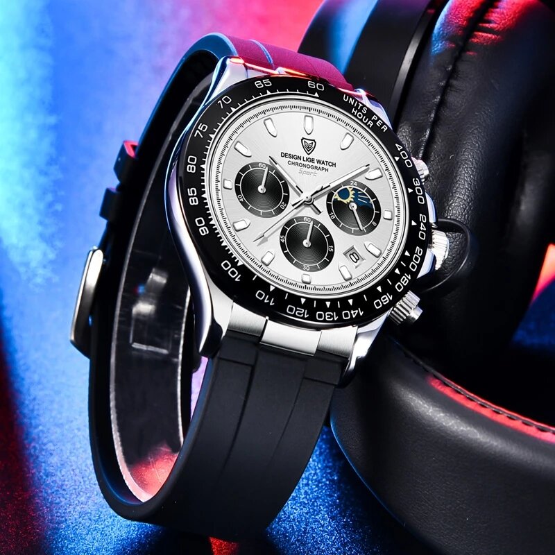 Часы мужские Кварцевые водонепроницаемые с браслетом из силикона и хронографом